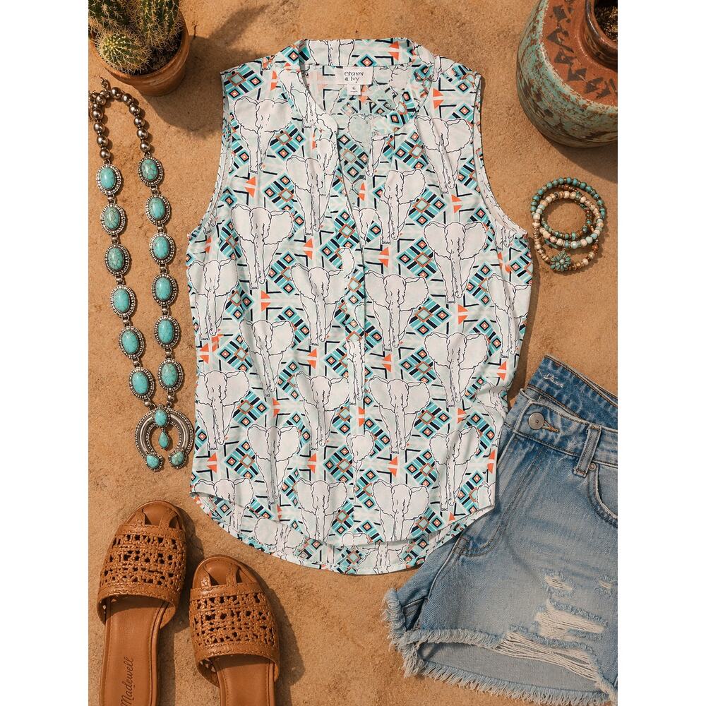 Crown & Ivy Elephant Print Sleeveless Blouse Size S Boho Geo Tribal Tank Top